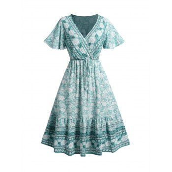 

Allover Flower Print Vacation Dress Plunge Short Sleeve Flounce Midi Dress, Light green