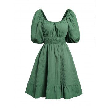 

Bowknot Cut Out Solid Color Mini Dress Puff Sleeve Square Neck Flounce Dress, Green
