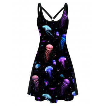 

Colorful 3D Jellyfish Print A Line Tank Dress Casual Mini Dress, Black