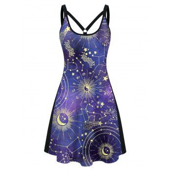 

Star and Moon Print Sleeveless Casual Mini Tank Dress, Black