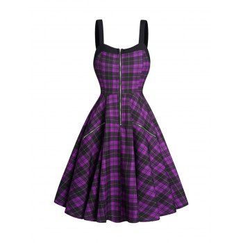 

Plaid Print Dress Zipper Embellishment High Waisted Sleeveless A Line Midi Dress, Black