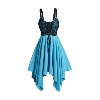 

Plus Size Colorblock Lace Asymmetric Hem Lace Up Dress Sleeveless Dress, Blue