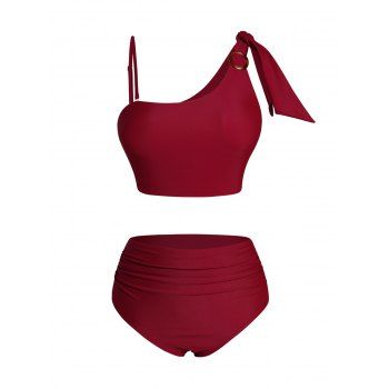 

Skew Collar Tankini Swimsuit O Ring Bowknot Adjustable Strap Tankini Two Piece Swimwear High Waist Bathing Suit, Deep red