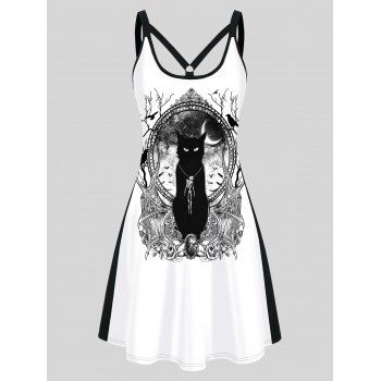 

Skull and Cat Print Colorblock Gothic Tank Dress Two Tone Casual Dress, Black