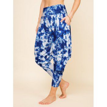 

Tie Dye Print Draped Lantern Pants Pleated Wide Elastic Waist Pockets Pants, Blue