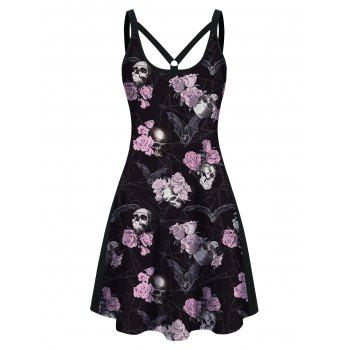 

Rose and Skull Print Gothic Tank Dress Sleeveless Casual Mini Dress, Black