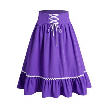 

Lace Up Ruffles Hem Skirt High Waist A Line Casual Skirt, Purple