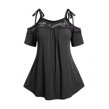 

Plus Size T Shirt Tied Cold Shoulder Lace Panel Ruched Long Tee, Black