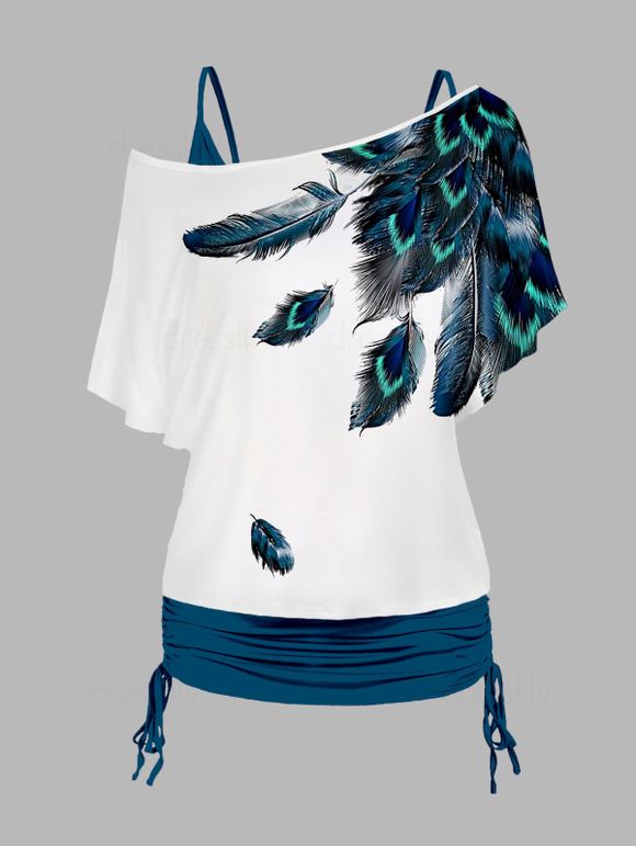 Plus Size Peacock Feather Print Skew Neck T Shirt and Ruched Cinched Tank Top Twinset - DEEP BLUE 5X