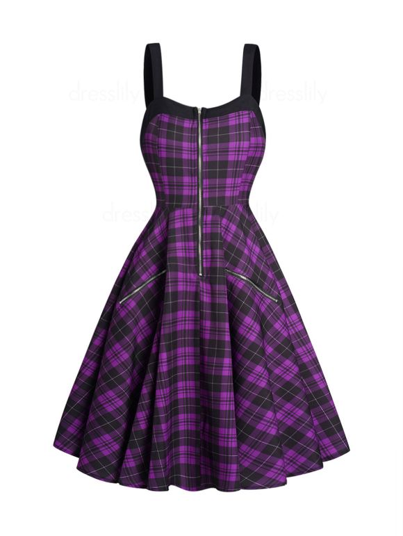 Plaid Print Dress Zipper Embellishment High Waisted Sleeveless A Line Midi Dress - BLACK XXL