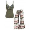 Camouflage Print Surplice Plunge O Ring Buckle Camisole And Tie Dye Print Cinched Foldover Elastic Waist Wide Leg Pants Outfit - multicolor S