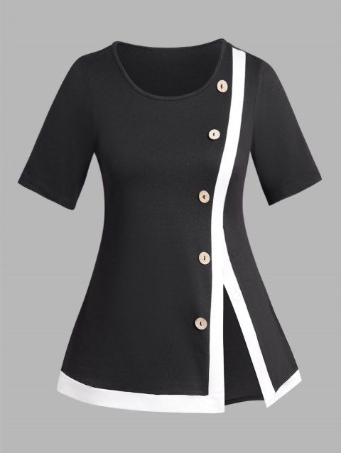 Plus Size T-shirt Colorblock Panel Short Sleeve Tee Mock Button Front Slit Curve T Shirt
