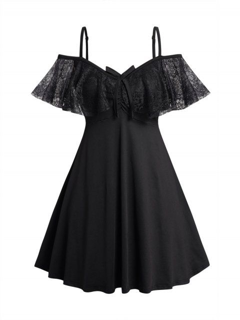 Plus Size Dress Cold Shoulder Lace Panel Ruched Bowknot Empire Waist A Line Mini Dress