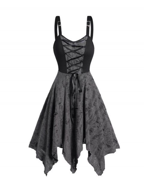 Colorblock Lace Up Dress Destroyed Adjustable Strap Asymmetrical Hem Midi Dress