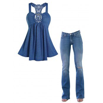 

Heart Crochet Lace Panel Racerback Chain Cut Out Ruched Tank Top And Low Rise Destroyed Flare Jeans Casual Outfit, Blue