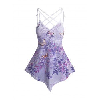 

Butterfly and Plant Print Adjustable Spaghetti Straps Tank Top Handkerchief Hem Top, Light purple