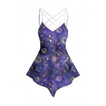 

Star and Moon Print Crisscross Tank Top Adjustable Spaghetti Straps Top, Purple
