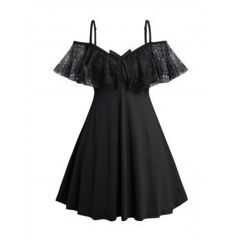 

Plus Size Dress Cold Shoulder Lace Panel Ruched Bowknot Empire Waist A Line Mini Dress, Black