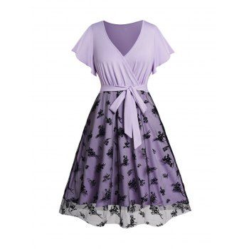 

Plus Size Dress Mesh Overlay Flower Pattern Surplice Self Belted Butterfly Sleeve High Waist A Line Midi Dress, Light purple