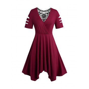 

Plus Size Dress Colorblock Sheer Lace Panel Surplice Ladder Cut Out High Waisted A Line Asymmetrical Midi Dress, Deep red