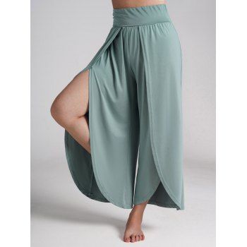 

High Slit Tulip Hem Wide Leg Pants Solid Color Elastic Waist Loose Pants, Light green