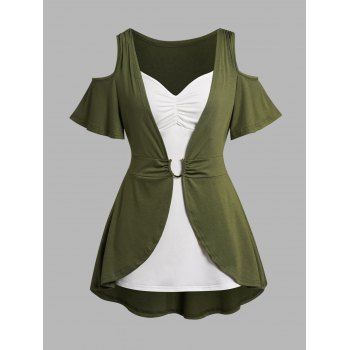 

Plus Size Colorblock Top Cold Shoulder T Shirt And Ruched Tank Top Two Piece Set, Deep green