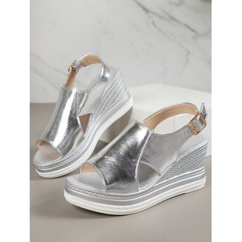 

Metallic Buckle Strap Fish Mouth Cut Out Wedge Sandals, Silver