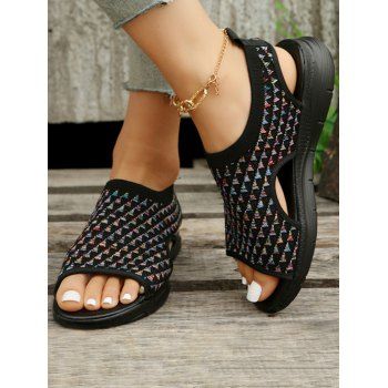 

Cut Out Open Toe Slip On Casual Flat Sandals, Black