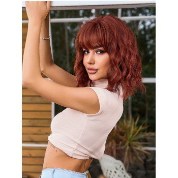 

Wavy Full Bang Medium Capless Synthetic Wig, Red wine