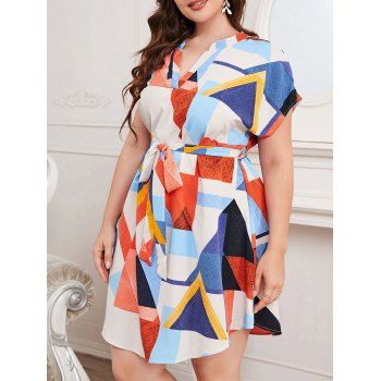 

Plus Size Geometric Print Belt Dress Short Sleeve Casual Dress, Multicolor a