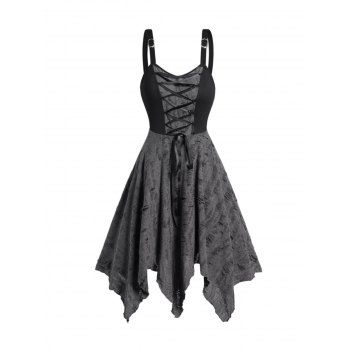 

Colorblock Lace Up Dress Destroyed Adjustable Strap Asymmetrical Hem Midi Dress, Dark gray