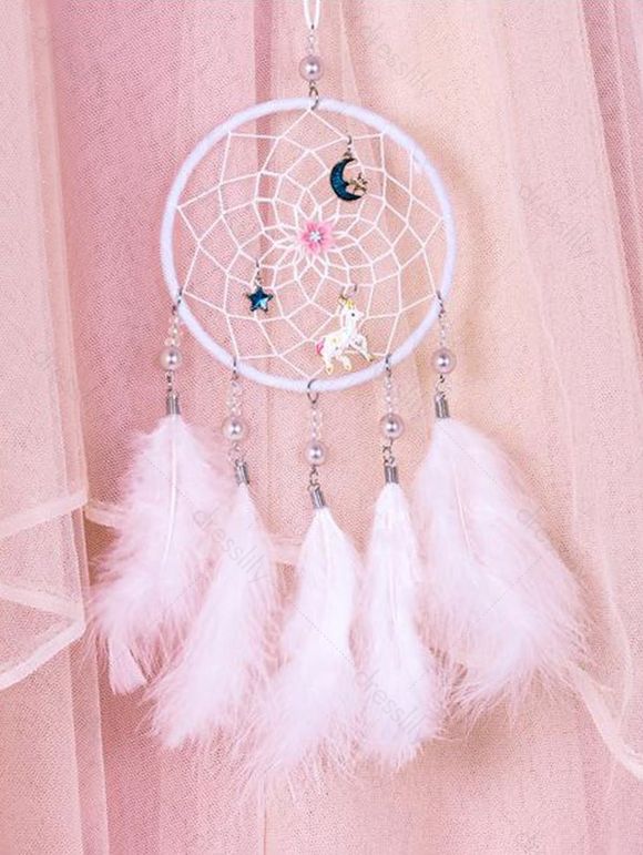 Attrape-Rêve Tendance Motif Plumes Etoiles Lune et Licorne à Sculpture Creuse Décor Maison - Blanc 