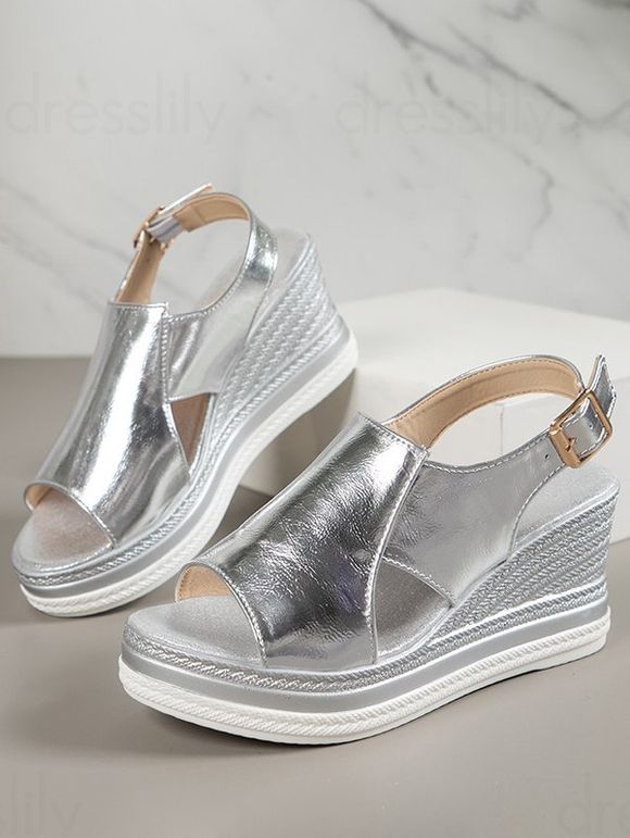 Metallic Buckle Strap Fish Mouth Cut Out Wedge Sandals - Argent EU 43