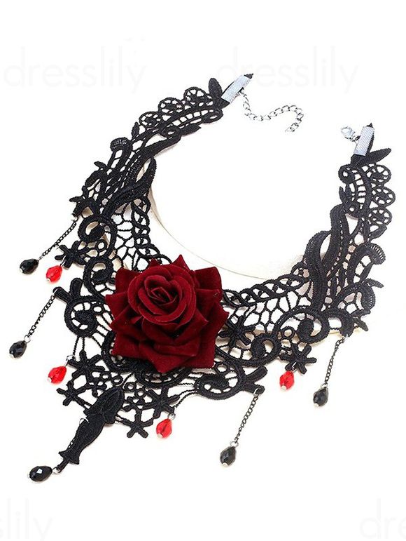 Collier Tendance en Dentelle Motif Rose et Cristal Fantaisie à Sculpture Creuse Style Gothique - Rouge 