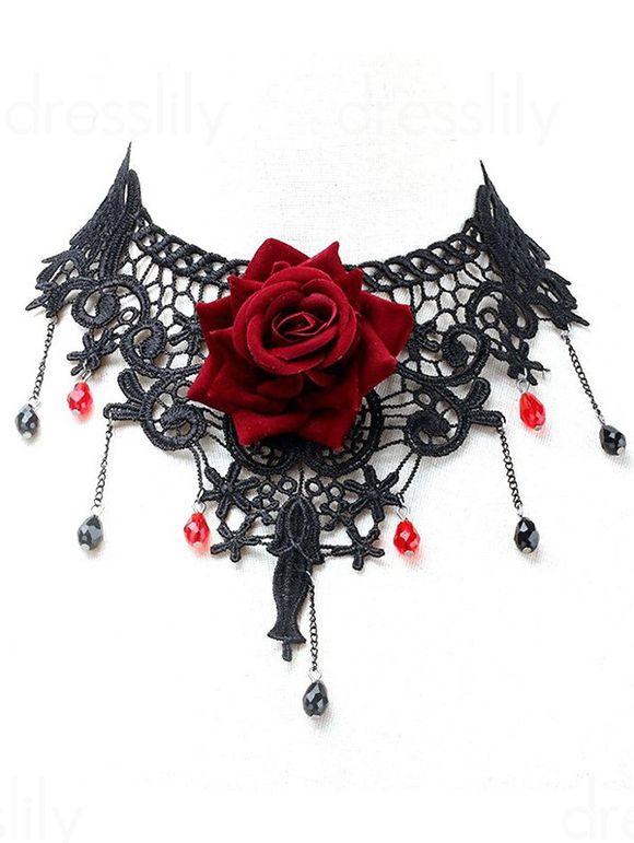 Collier Tendance en Dentelle Motif Rose et Cristal Fantaisie à Sculpture Creuse Style Gothique - Rouge 