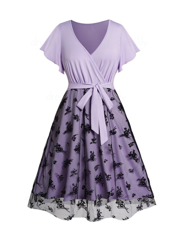 Plus Size Dress Mesh Overlay Flower Pattern Surplice Self Belted Butterfly Sleeve High Waist A Line Midi Dress - LIGHT PURPLE 2X