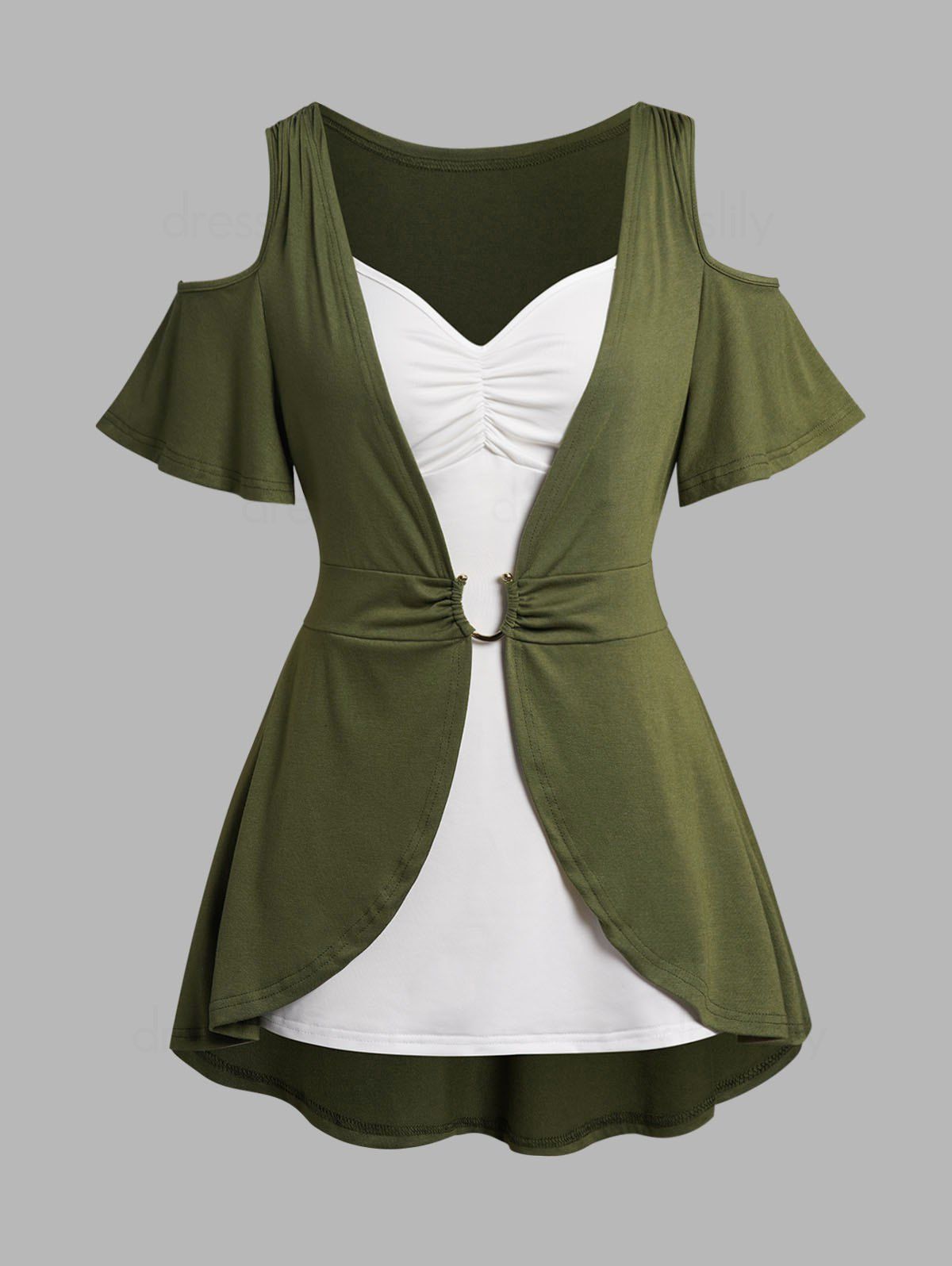 Dresslily Plus Size Colorblock Top Cold Shoulder T Shirt And Ruched Tank Top Two Piece Set