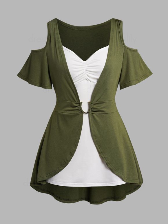 Plus Size Colorblock Top Cold Shoulder T Shirt And Ruched Tank Top Two Piece Set - DEEP GREEN 5X