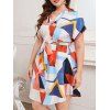 Robe Décontractée à Imprimé Géométrique Ceinturée à Manches Courtes de Grande Taille - multicolor A 4XL