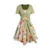 Ensemble de Robe Mi-Longue Asymétrique Fleur Colorée à Bretelle Fine et T Shirt Court avec Nœud Papillon à Manches Courtes - Vert clair L