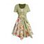 Ensemble de Robe Mi-Longue Asymétrique Fleur Colorée à Bretelle Fine et T Shirt Court avec Nœud Papillon à Manches Courtes - Vert clair L