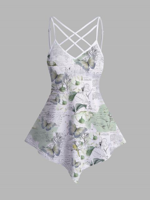 Allover Floral Newspaper Butterfly Print Asymmetrical Camisole Adjustable Spaghetti Straps Crisscross Casual Tank Top