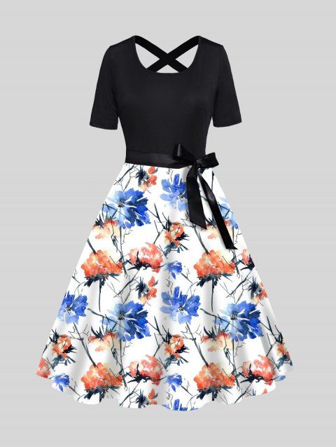 Aquarelle Flower Print Belt A Line Dress Short Sleeve Back Cross Midi Dress