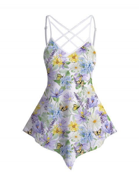 Allover Floral Print Asymmetrical Camisole Adjustable Spaghetti Straps Crisscross Tank Top