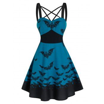 

Halloween Bat Print Criss Cross High Waisted Cami Dress, Blue