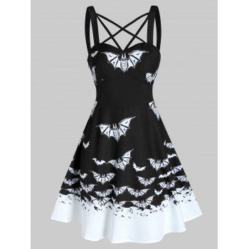 

Halloween Bat Print Criss Cross High Waisted Cami Dress, Black