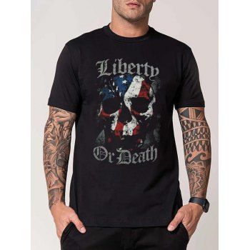 

Letter and Skull Print Casual T Shirt LIBERTY Print Short Sleeve Round Neck Tee, Black