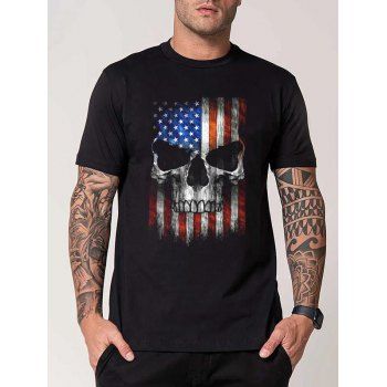 

Skull and Flag Print Casual T Shirt Short Sleeve Round Neck Tee, Black