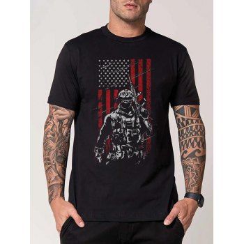 

Character and American Flag Print Patriotic T Shirt Short Sleeve Round Neck Casual Tee, Black