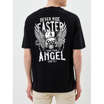 

Slogan Wings and Skull Print Casual T Shirt Short Sleeve Tee, Black